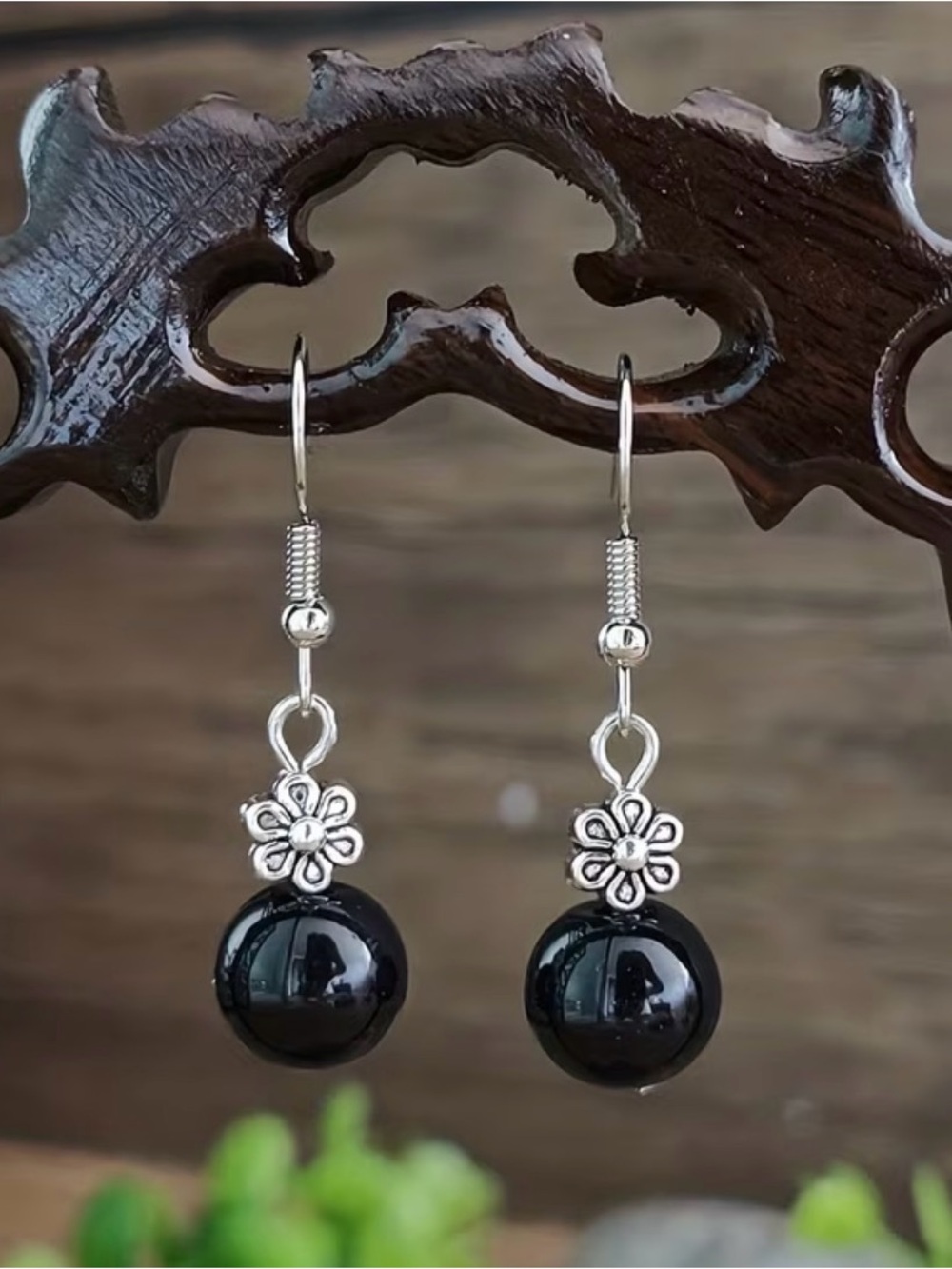 Silver Floral Black Bead Dangle Earrings